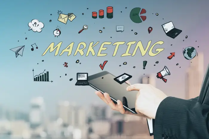 Illustration explaining digital marketing basics including SEO, social media, and email marketing