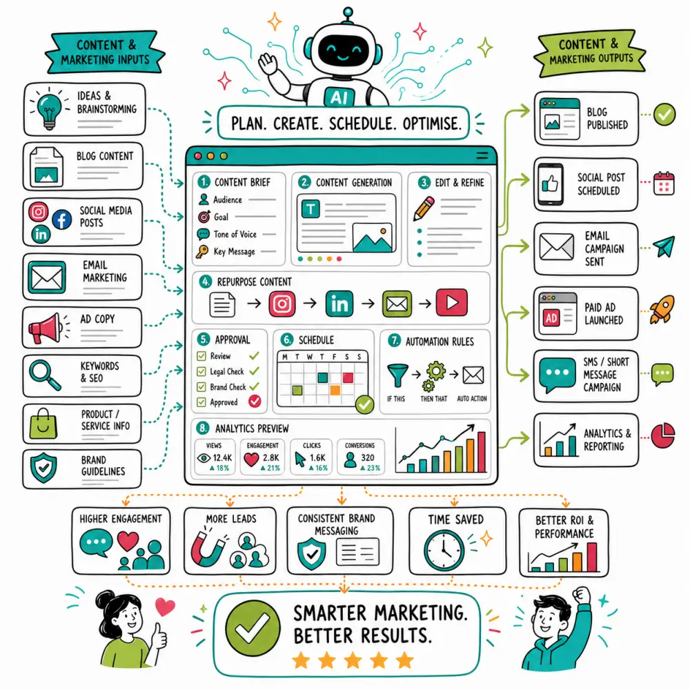 Doodle illustration of AI content and marketing workflows showing planning, content creation, scheduling, automation, and marketing outputs in bright brand colours.