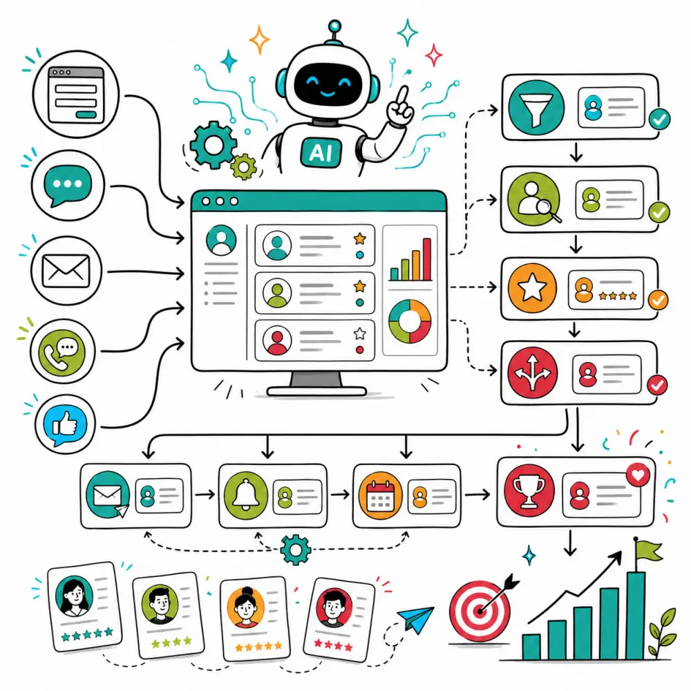 Doodle illustration of AI-powered lead management workflows showing lead sources, CRM dashboard, automation steps, and conversion tracking in bright brand colours.