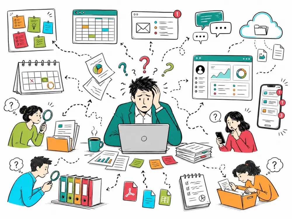 Doodle illustration of a stressed office worker surrounded by scattered business information, including emails, documents, spreadsheets, calendars, cloud files, chat messages and notifications.