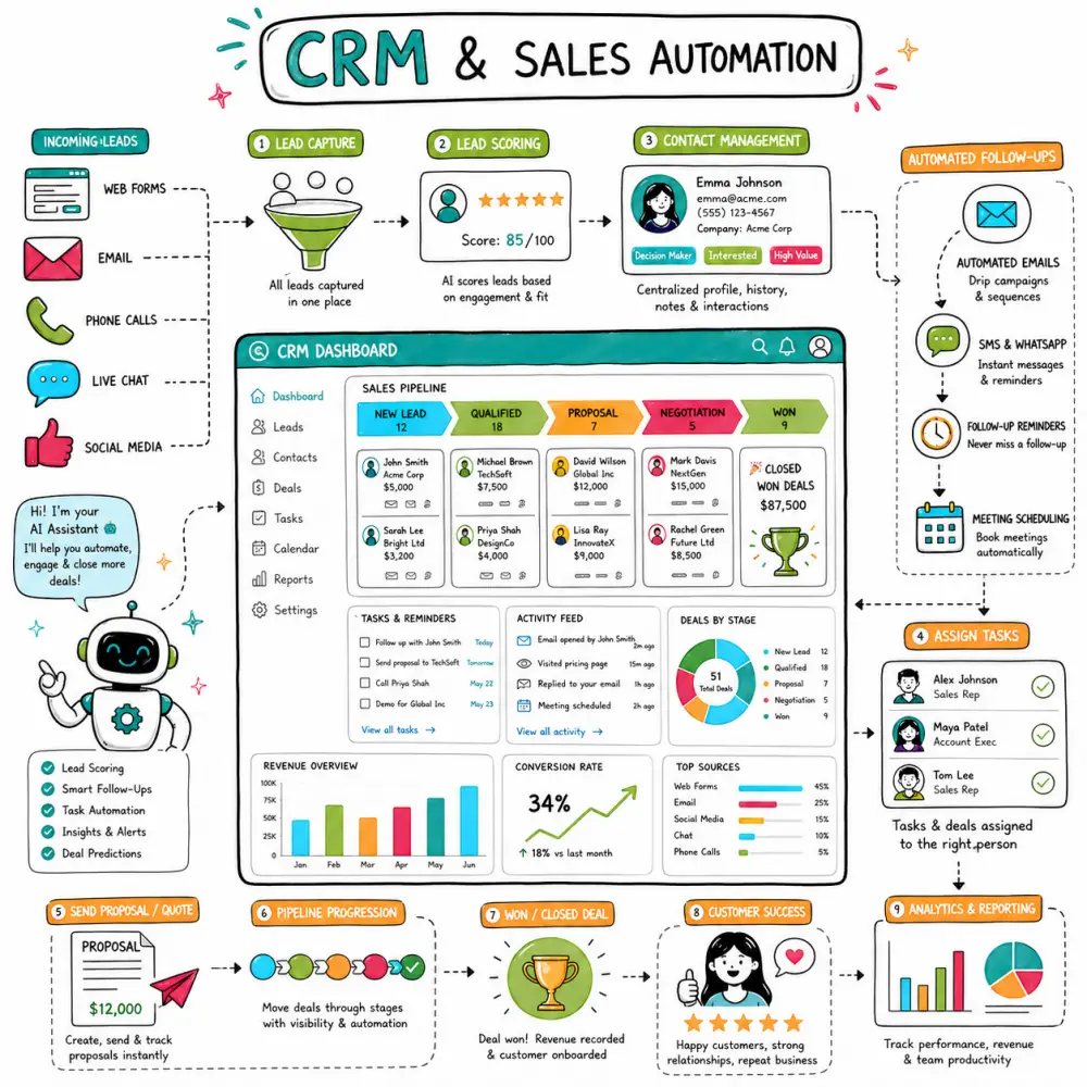 Doodle illustration of CRM and sales automation showing incoming leads, lead scoring, sales pipeline, automated follow-ups, task assignment, proposals, closed deals, and analytics in bright brand colours.