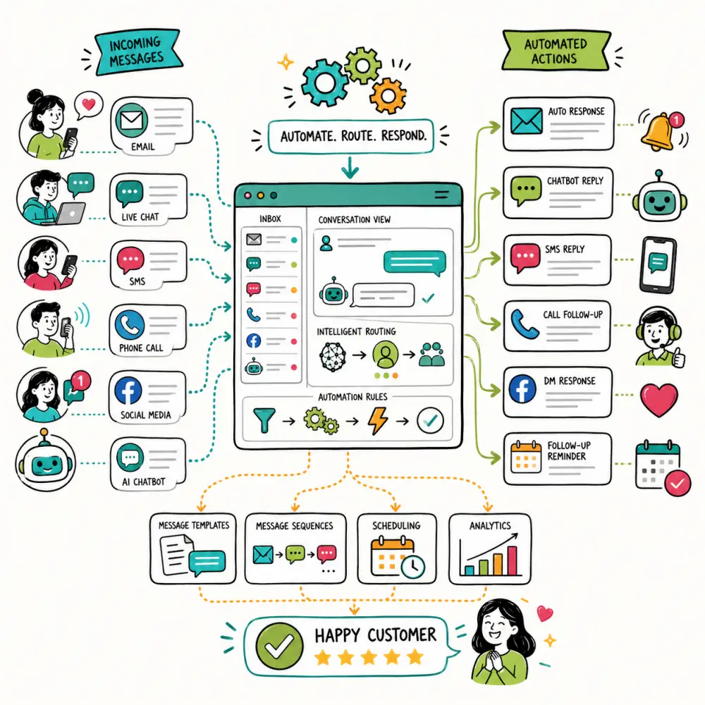 Doodle illustration of customer communication automation showing incoming messages, automation rules, response routing, and follow-up actions in bright brand colours.