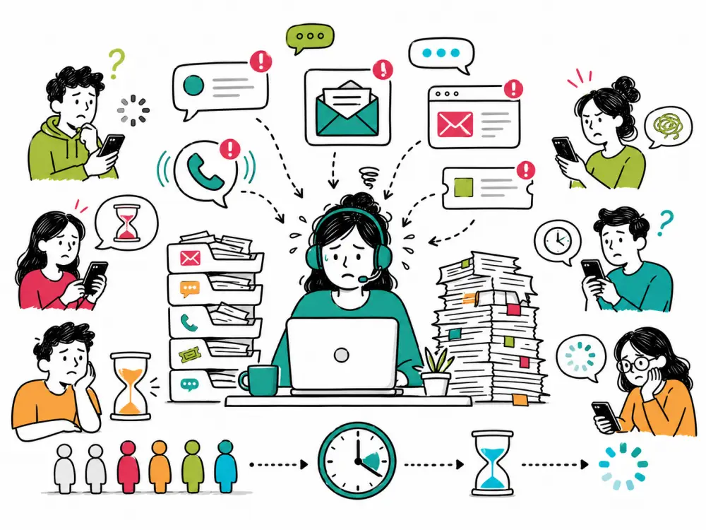 Doodle illustration of an overwhelmed support agent surrounded by messages, emails, calls and waiting customers, showing slow response times and growing frustration.