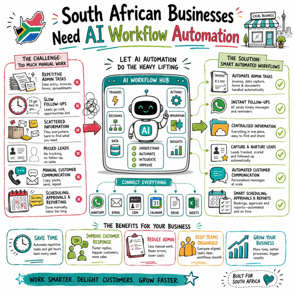 Doodle infographic showing why South African businesses need AI workflow automation, including manual work challenges, smart automated solutions, connected tools, and business benefits in bright brand colours.