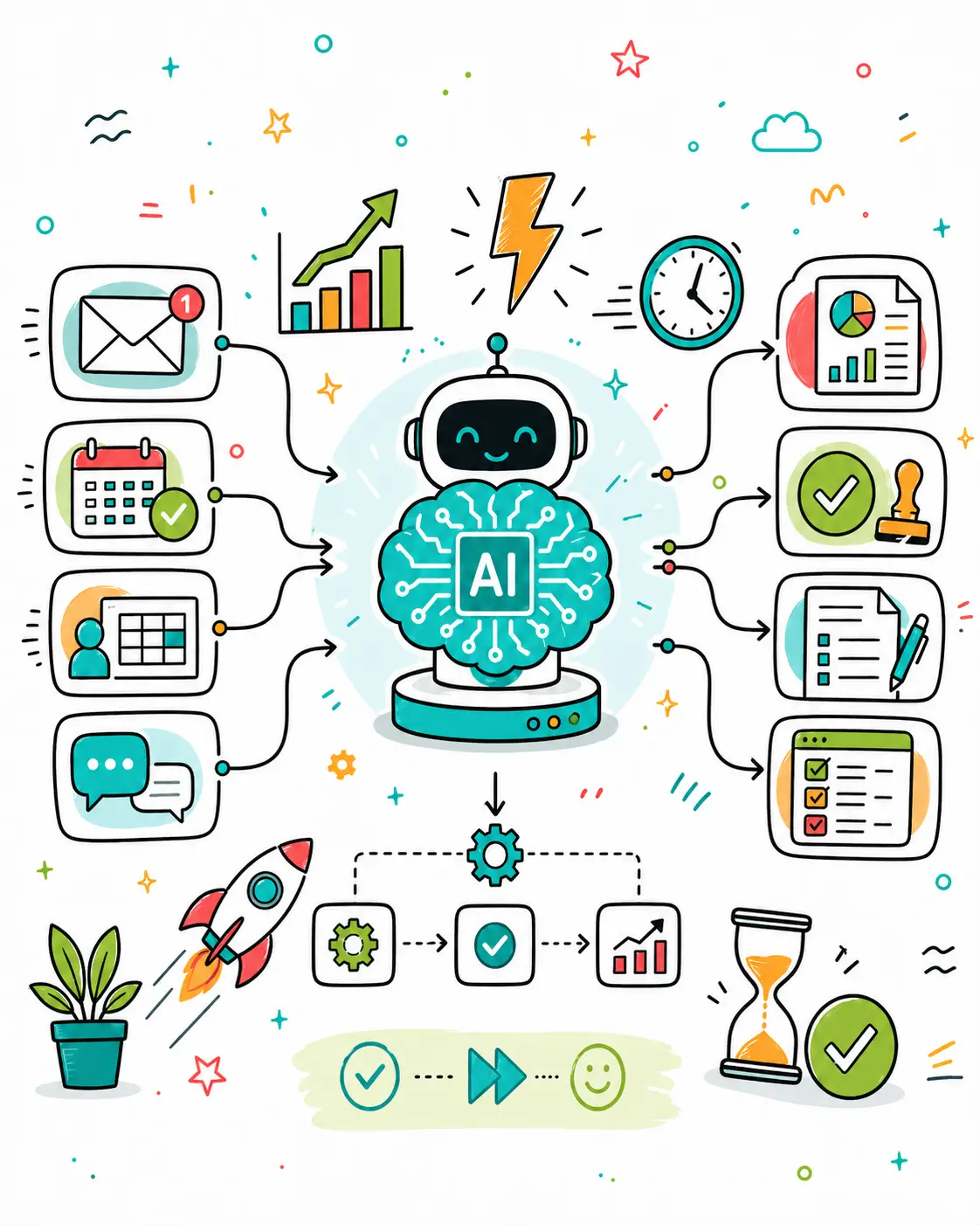 AI workflow automation doodle illustration showing a central AI robot connected to business tasks like emails, reports, forms and approvals.