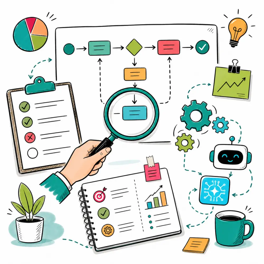 Doodle illustration showing a workflow audit with a checklist, magnifying glass, flowchart, gears, and AI automation icons in Clickmode brand colours.