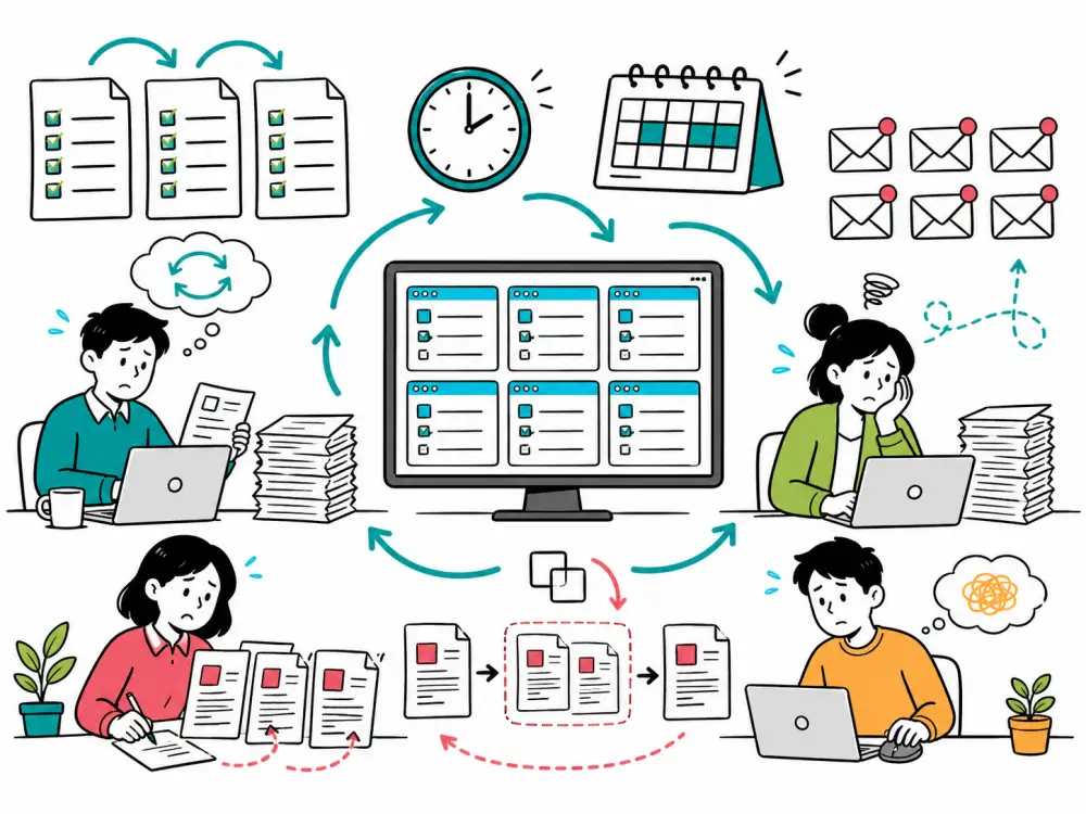 Doodle illustration of an overwhelmed office team surrounded by repeated checklists, emails, documents, clocks, calendars and looping arrows showing daily repetitive tasks.