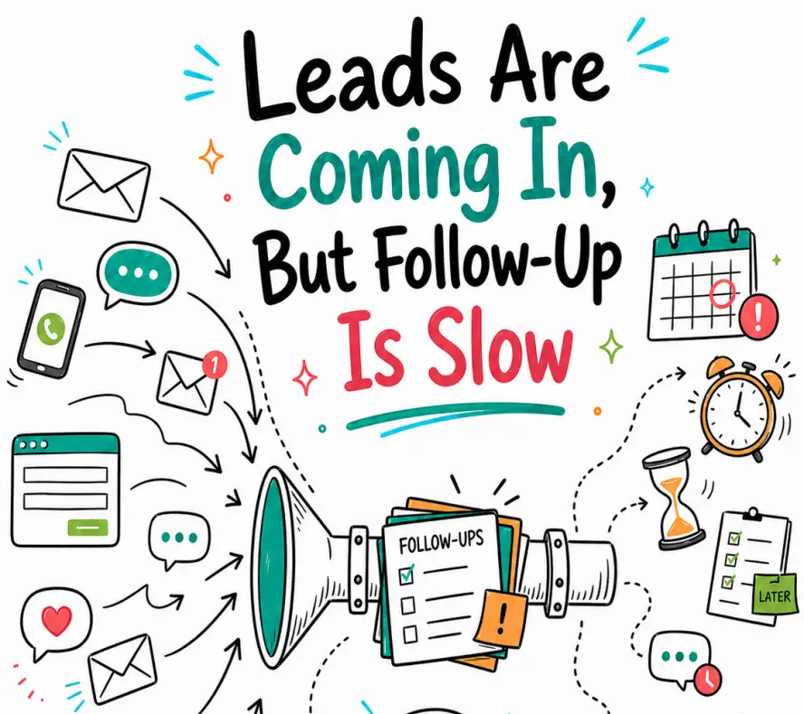 Doodle infographic showing leads coming in from multiple channels while follow-up is delayed by bottlenecks, reminders, and a growing task backlog.