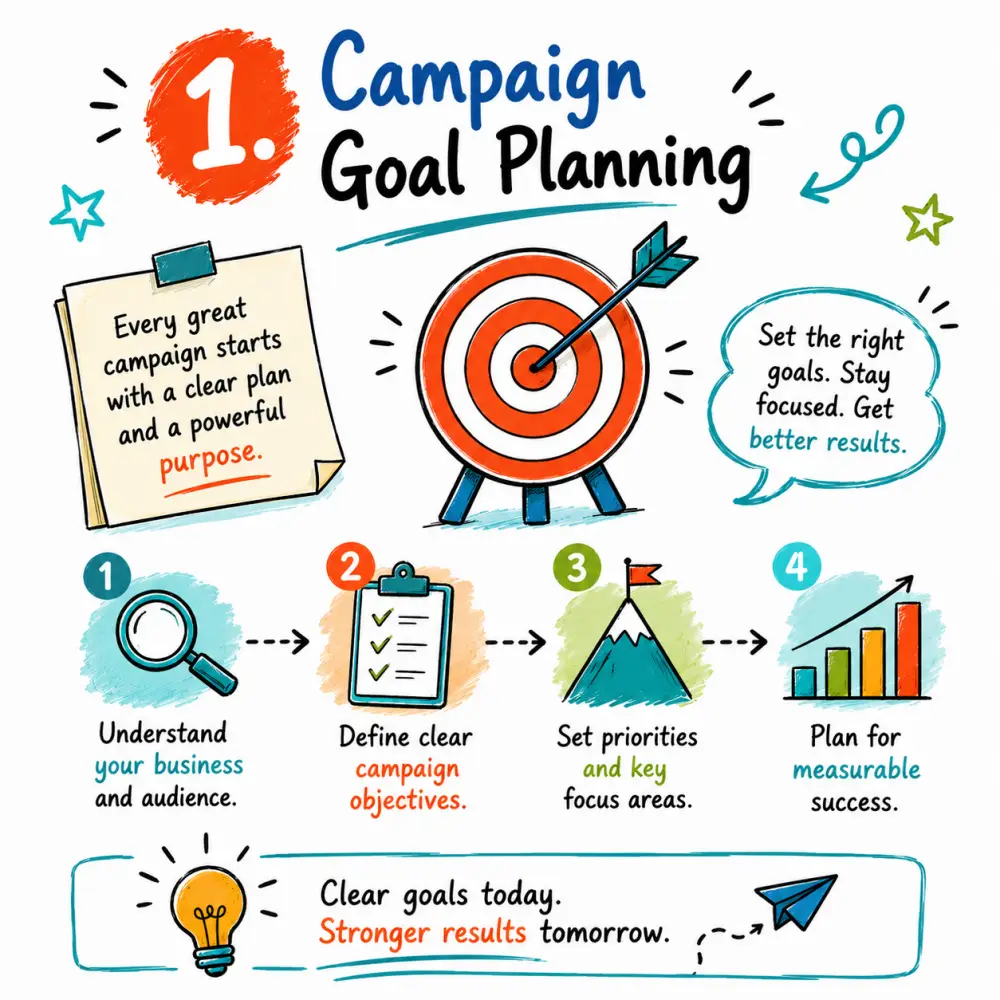 1 Campaign Goal Planning Doodle infographic for campaign goal planning, showing a target, checklist, magnifying glass, mountain flag and growth chart.