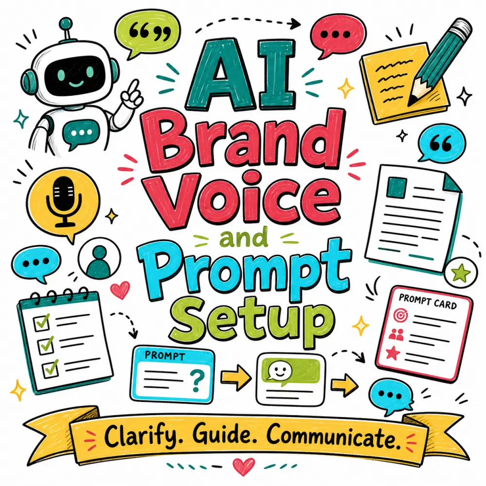 Doodle-style illustration for AI Brand Voice and Prompt Setup featuring a chatbot, prompt cards, document icons, speech bubbles, checklist and communication flow.