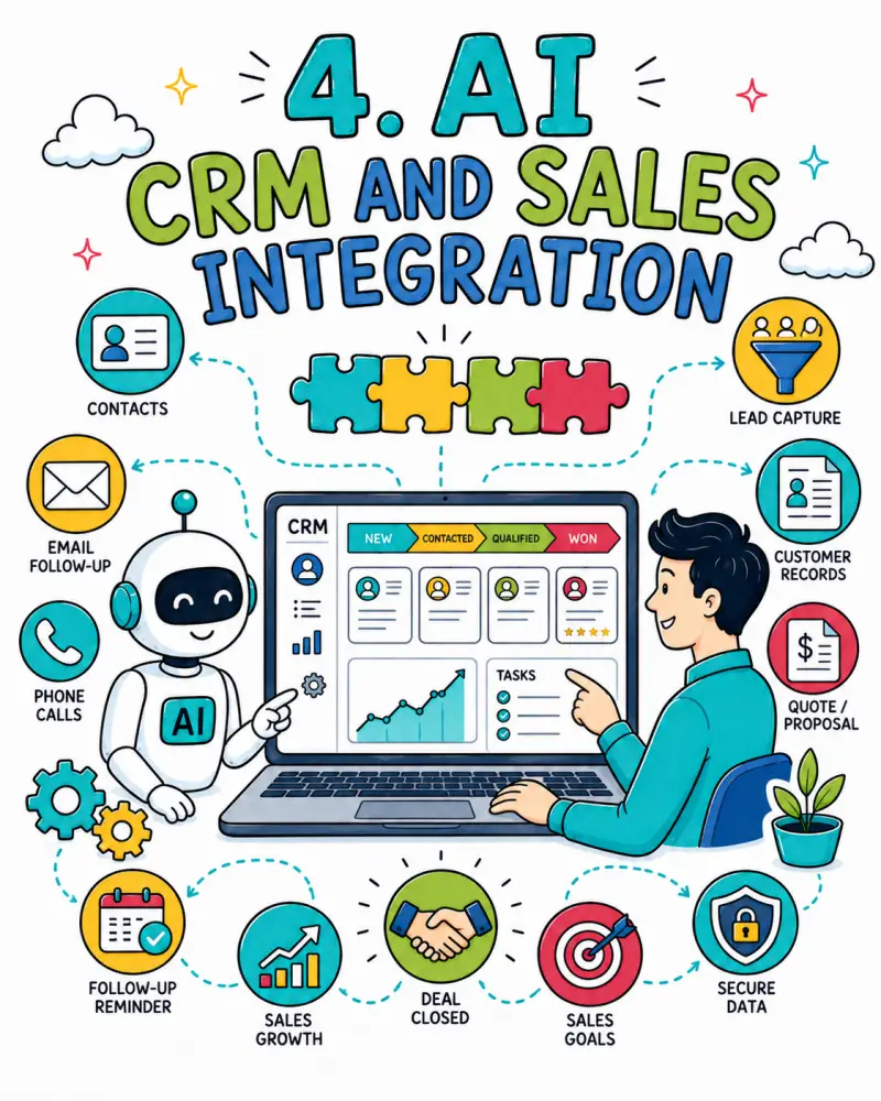 Doodle-style illustration of AI CRM and sales integration showing a robot, a business user, a CRM dashboard, and connected sales tools like lead capture, follow-ups, quotes, and customer records.