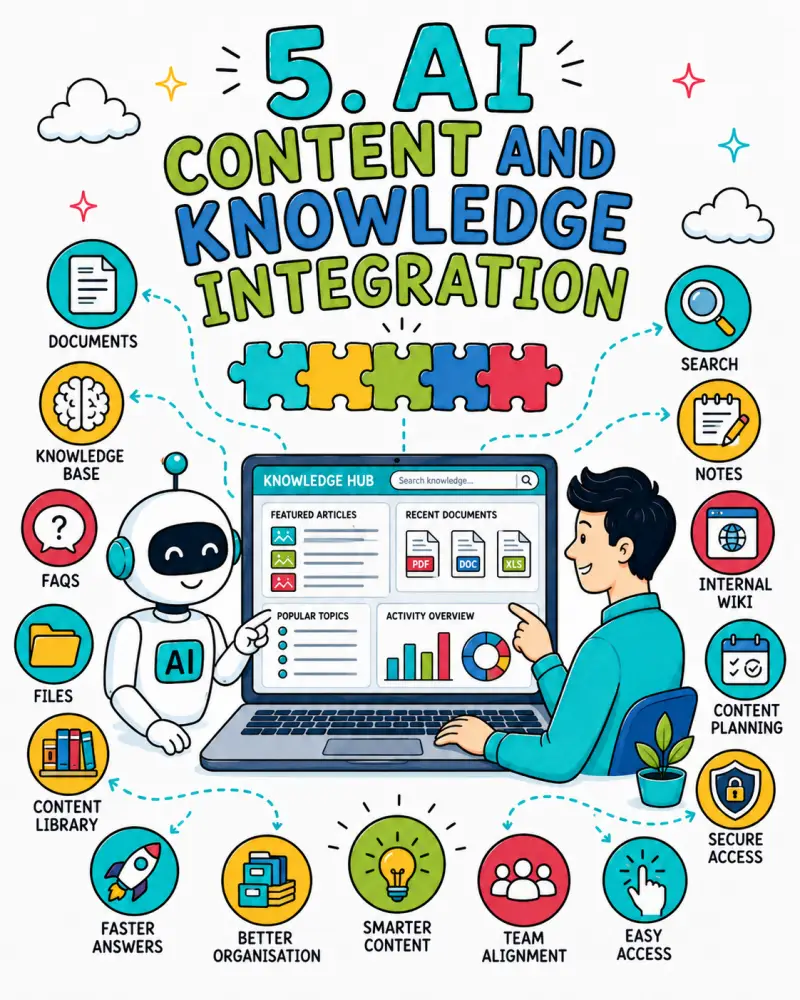 Doodle-style illustration of AI content and knowledge integration showing a robot, a business user, a knowledge hub dashboard, and connected content tools like documents, FAQs, files, search, notes, and internal wiki.