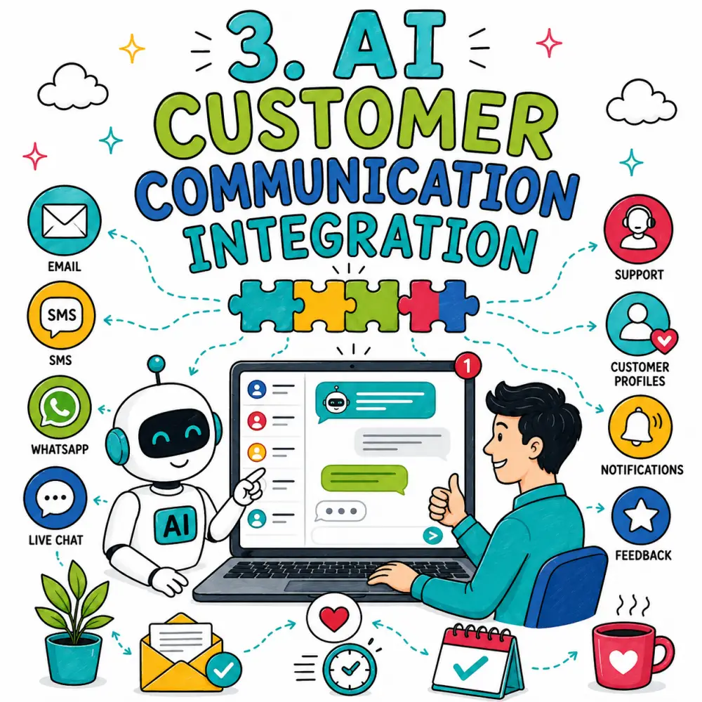 Doodle-style illustration of AI customer communication integration showing a robot, a business user, a chat dashboard, and connected channels like email, SMS, WhatsApp, support, and customer notifications.