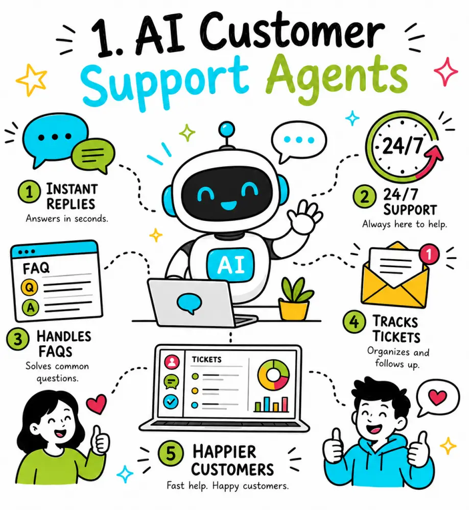 Doodle illustration about AI customer support agents, showing a friendly AI robot with icons for instant replies, 24/7 support, FAQs, ticket tracking and happier customers.