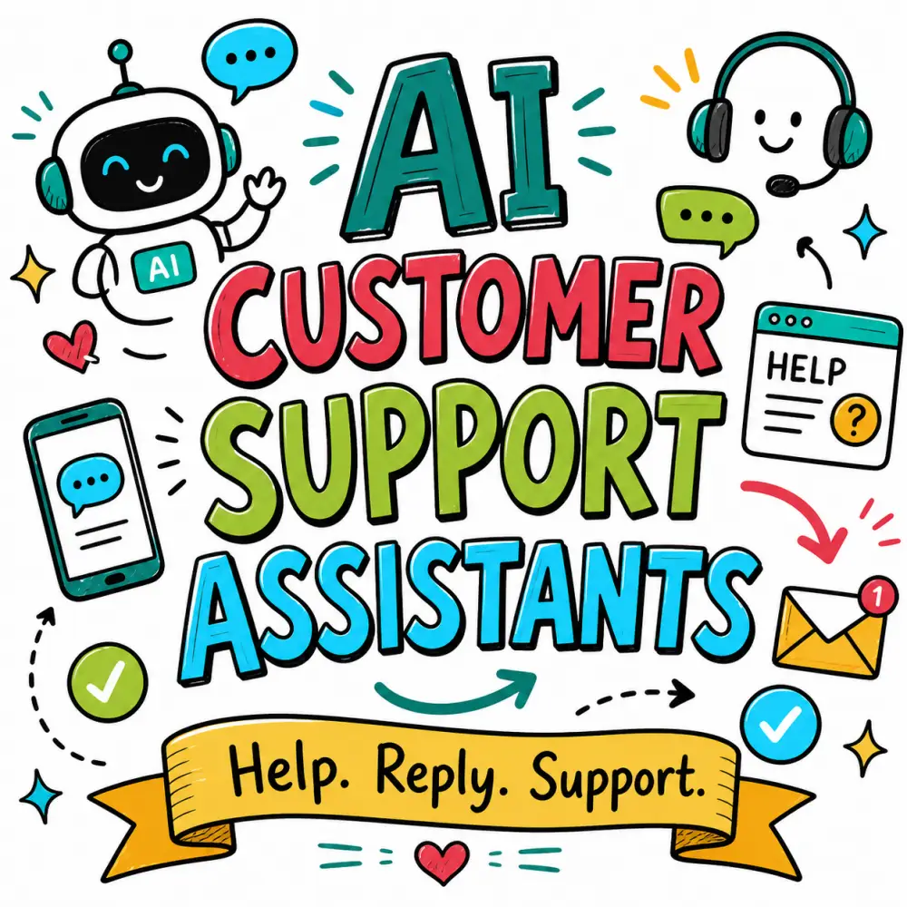 Doodle-style illustration for AI Customer Support Assistants featuring a chatbot, headset support icon, mobile chat, help window, and support workflow symbols.