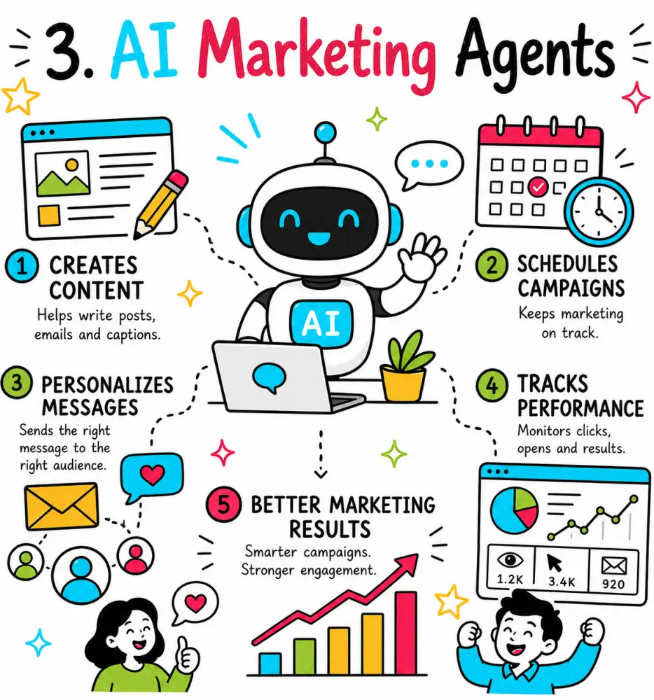 Doodle illustration about AI sales agents, showing a friendly AI robot with icons for lead qualification, instant follow-ups, meeting booking, prospect nurturing and increased sales.