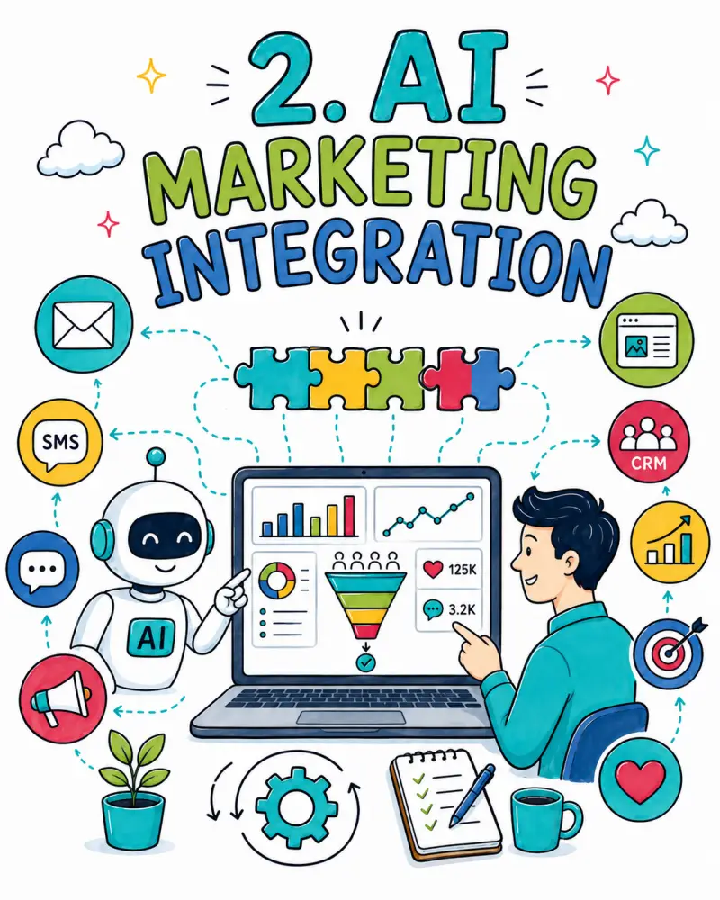 Doodle-style illustration of AI marketing integration showing a robot, a business user, a laptop marketing dashboard, and connected channels like email, SMS, CRM, social media, and campaigns.