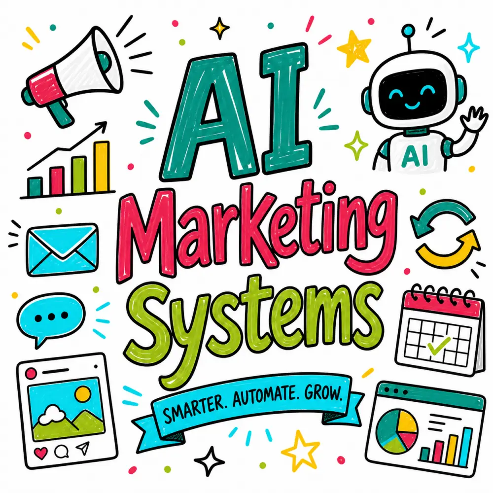 Doodle-style illustration for AI Marketing Systems featuring a chatbot, megaphone, analytics, email, social media, calendar, and dashboard icons.