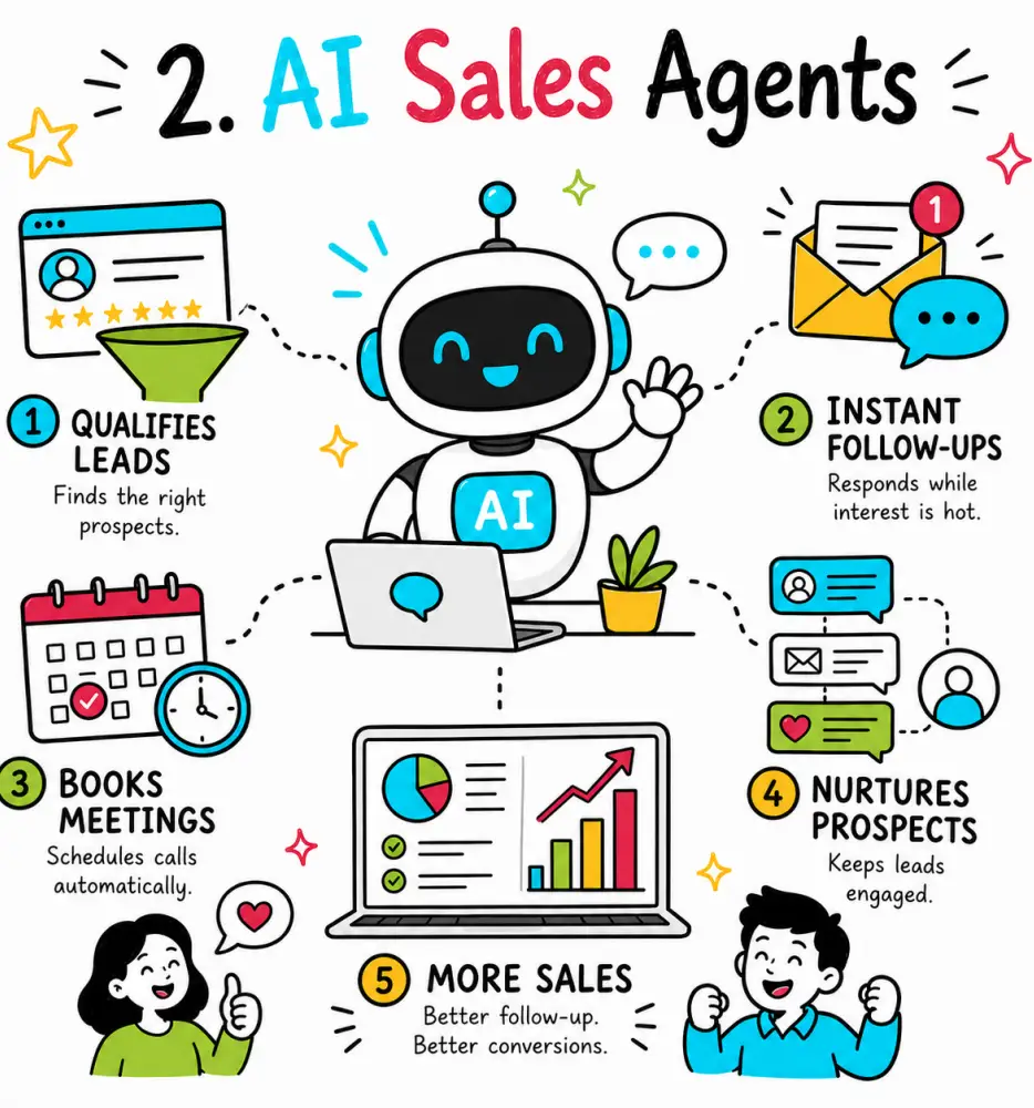 Doodle illustration about AI sales agents, showing a friendly AI robot with icons for lead qualification, instant follow-ups, meeting booking, prospect nurturing and increased sales.