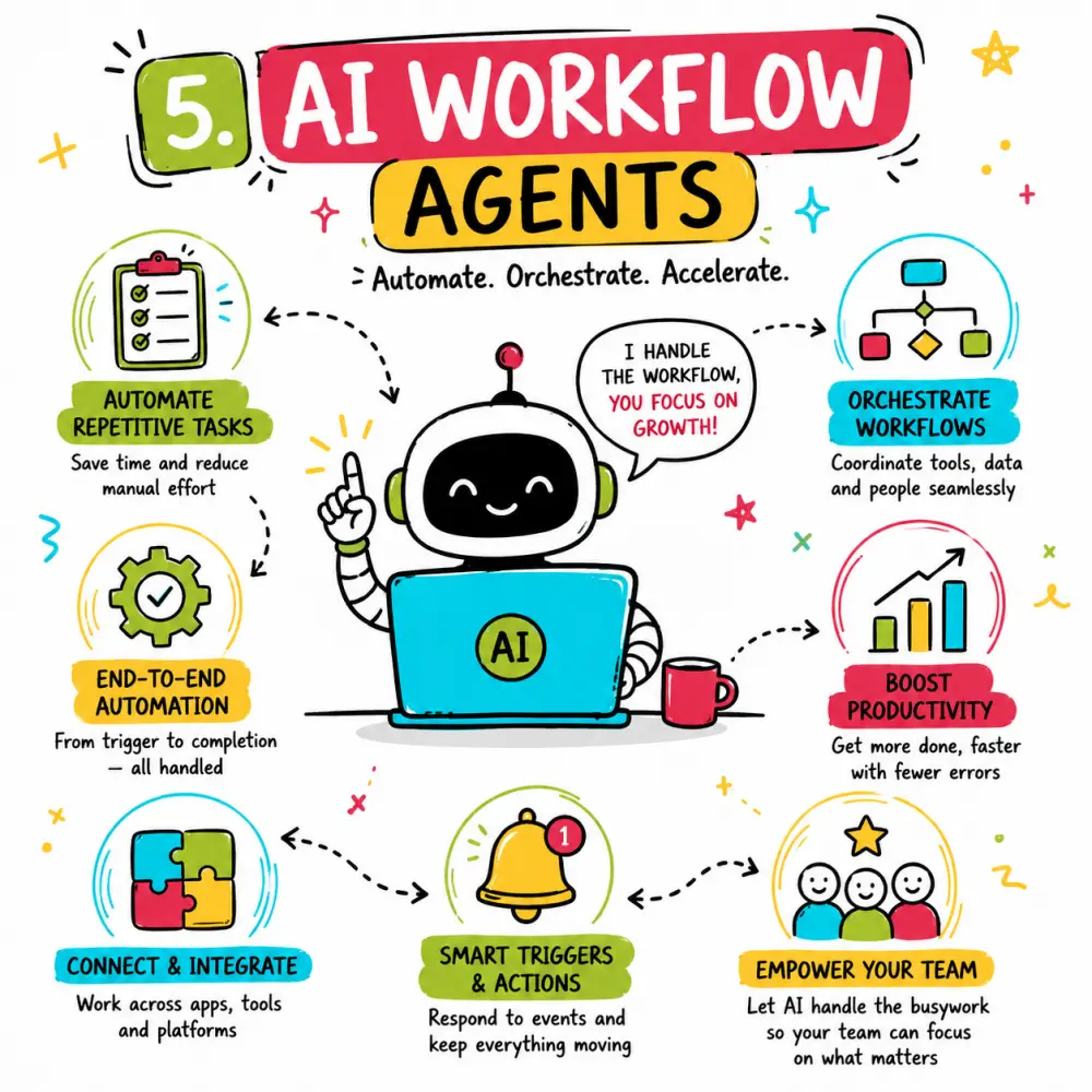 Doodle illustration of AI workflow agents with a central workflow orchestrator coordinating planning, data, action and review agents.