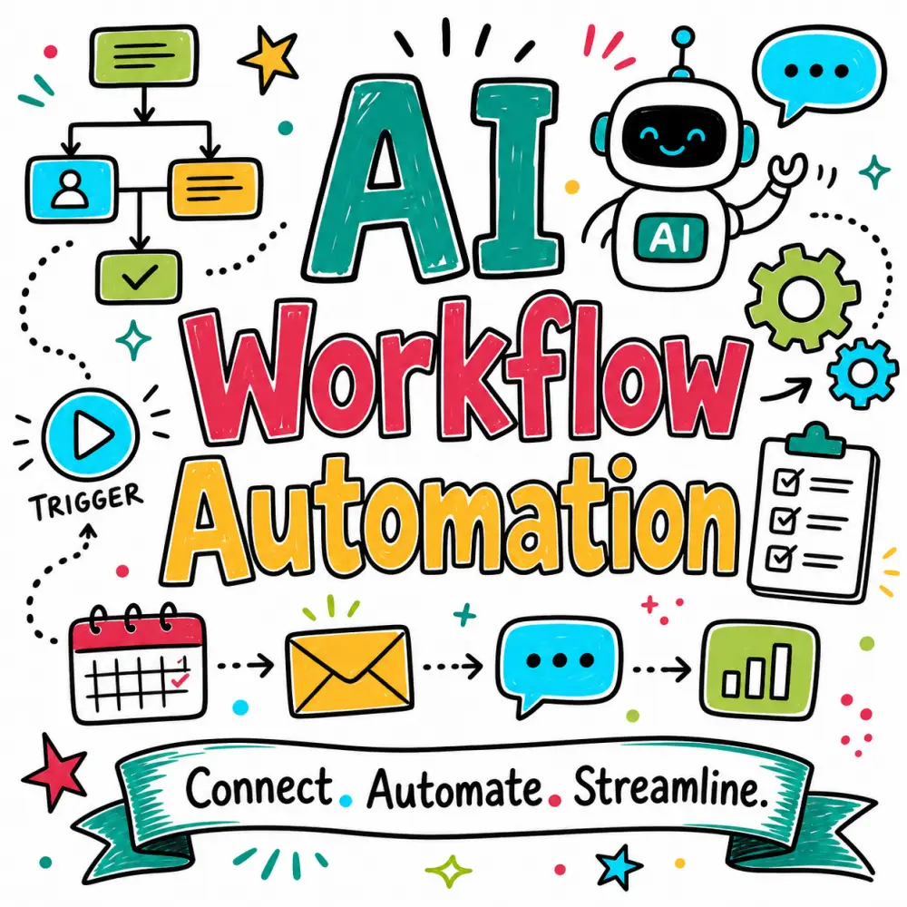 Doodle-style illustration for AI Workflow Automation featuring flowchart boxes, gears, a chatbot, checklist, calendar, email, chat and analytics icons.