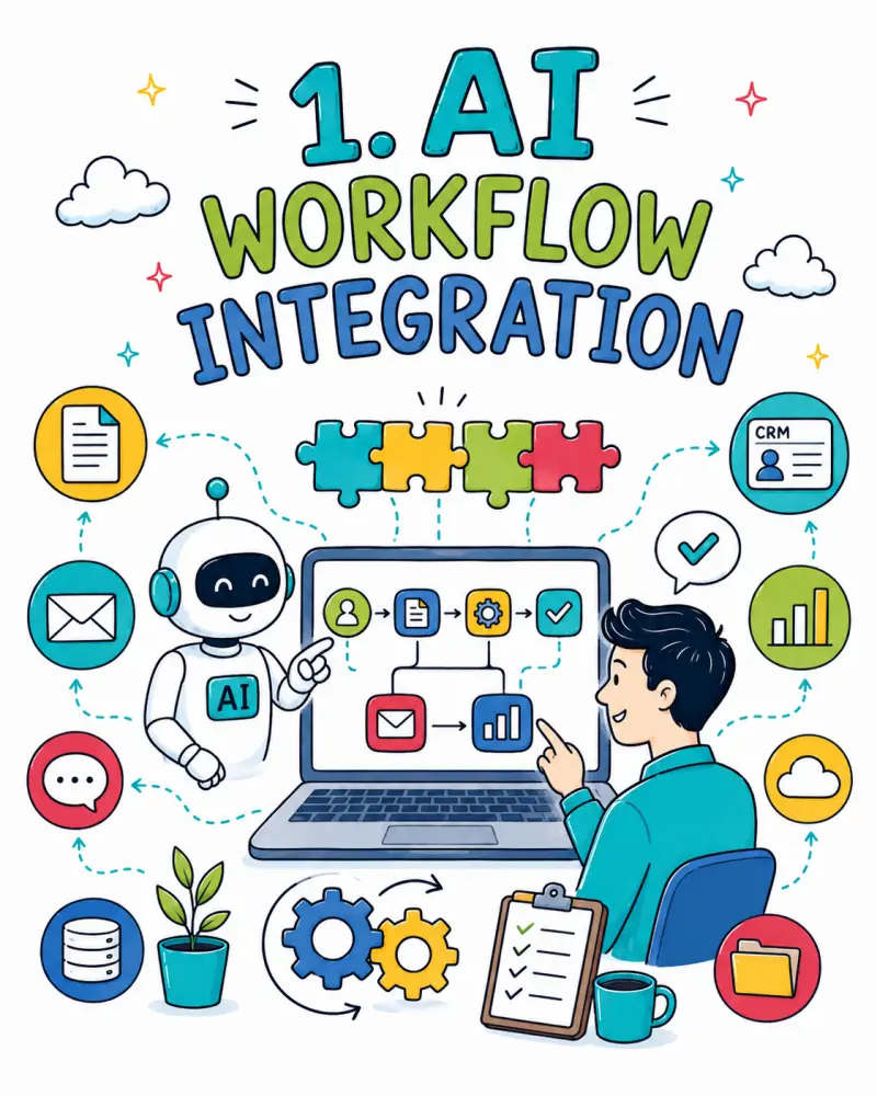 Doodle-style illustration of AI workflow integration showing a robot, a business user, a laptop dashboard, and connected systems like CRM, email, cloud storage, and data tools.