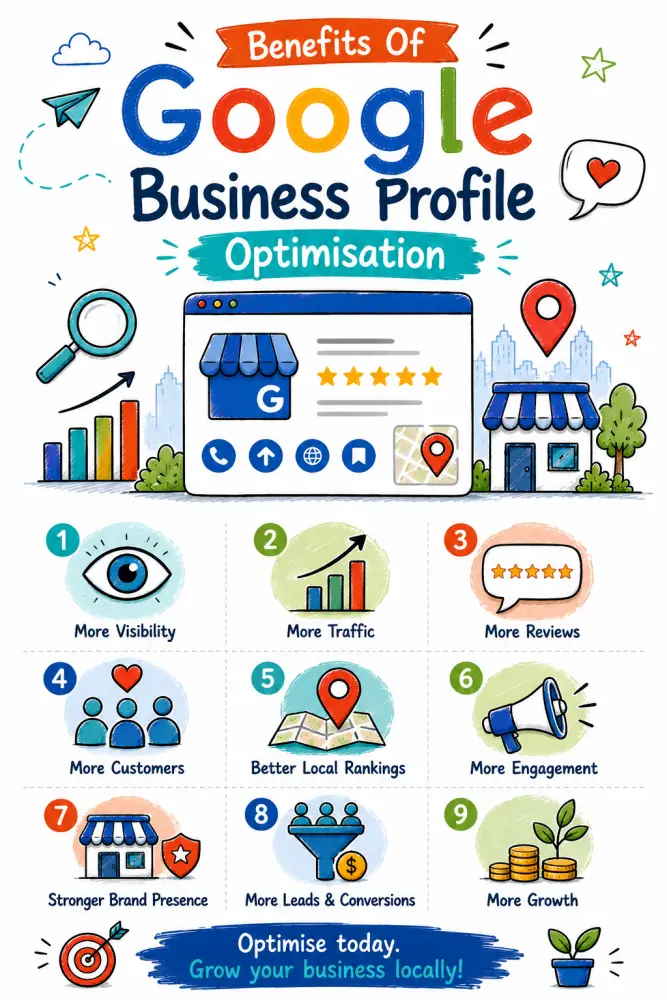 Benefits Of Google Business Profile Optimisation Doodle-style infographic showing the benefits of Google Business Profile Optimisation, including more visibility, traffic, reviews, customers, local rankings, engagement, leads and business growth.