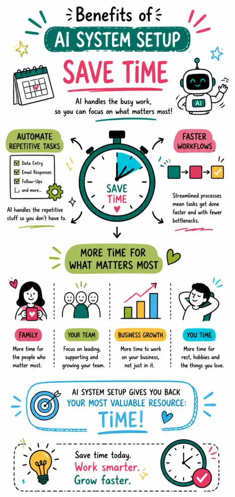 Doodle-style infographic titled “Benefits of AI System Setup: Save Time” showing how AI helps automate repetitive tasks, speed up workflows, and create more time for what matters.