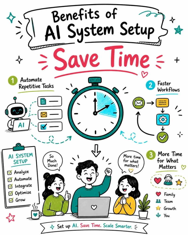 Doodle-style infographic titled “Benefits of AI System Setup: Save Time” showing how AI helps automate repetitive tasks, speed up workflows, and create more time for what matters.