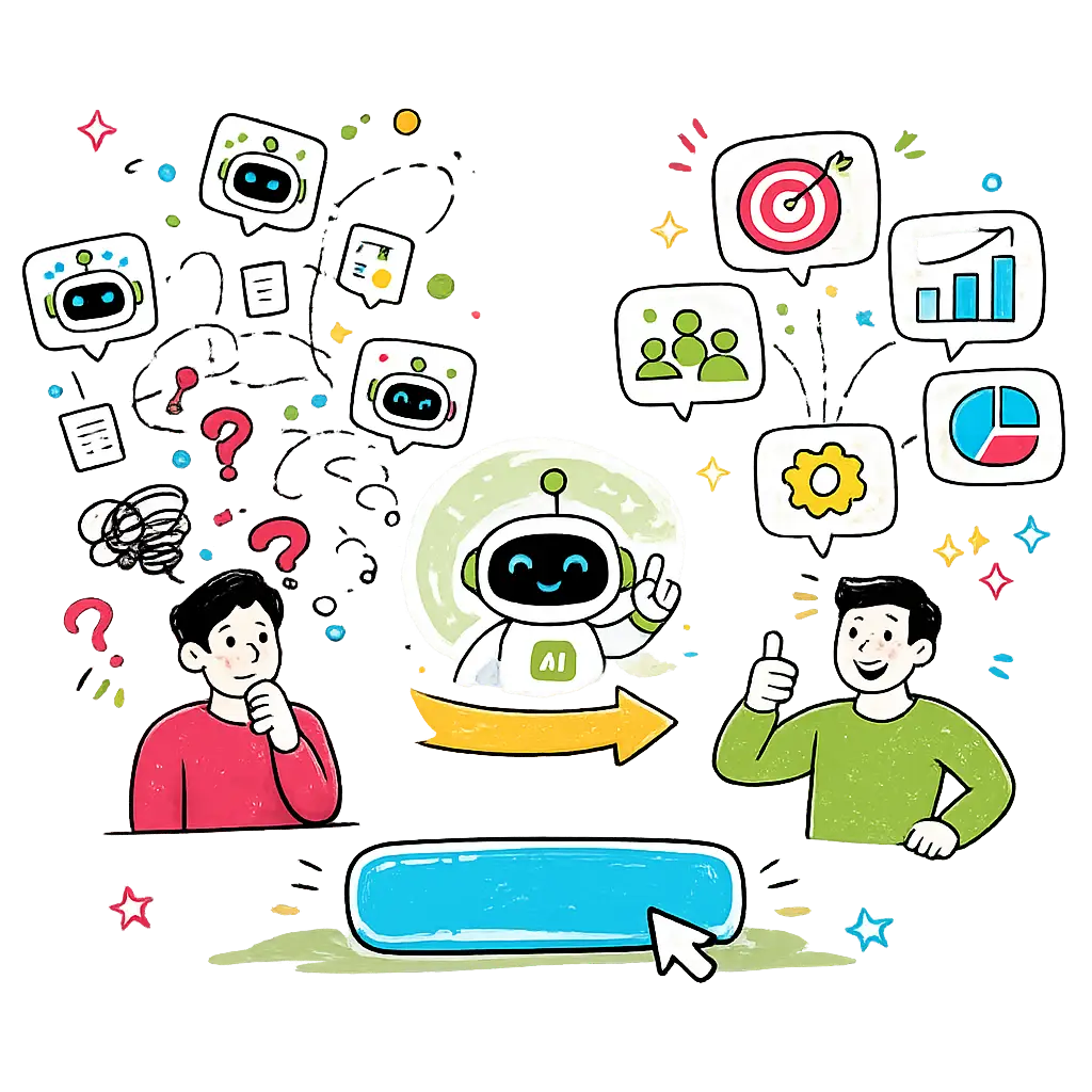 Doodle-style illustration showing an AI robot helping a confused business owner turn scattered AI ideas into clear goals, structure, automation and growth.