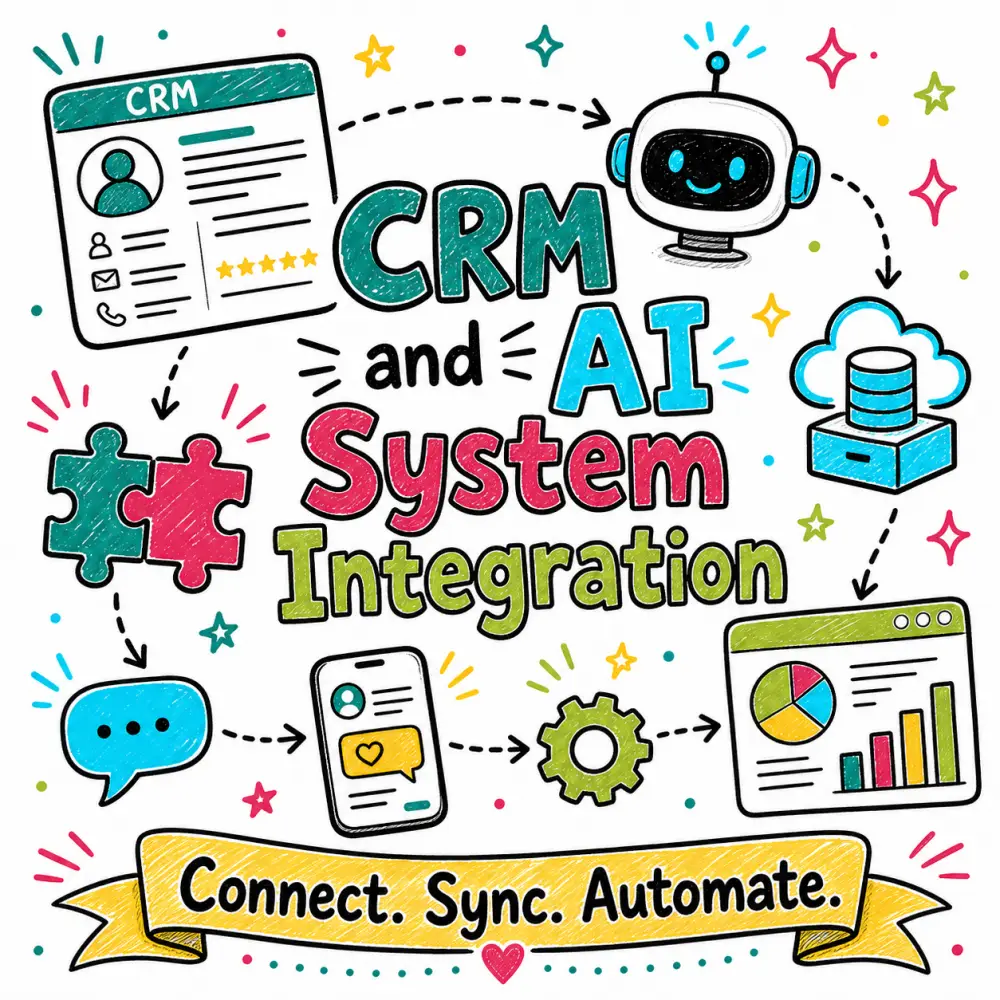 Doodle-style illustration for CRM and AI System Integration showing a CRM profile card, AI bot, cloud database, chat bubble, mobile message, gear, dashboard, and connected workflow arrows.