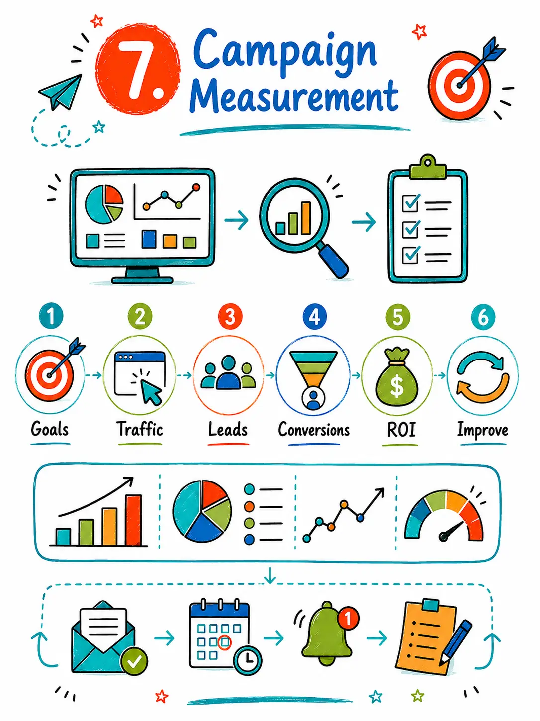 Campaign analytics infographic Vertical doodle infographic about campaign measurement, showing goals, traffic, leads, conversions, ROI and improvement with charts and analytics icons.