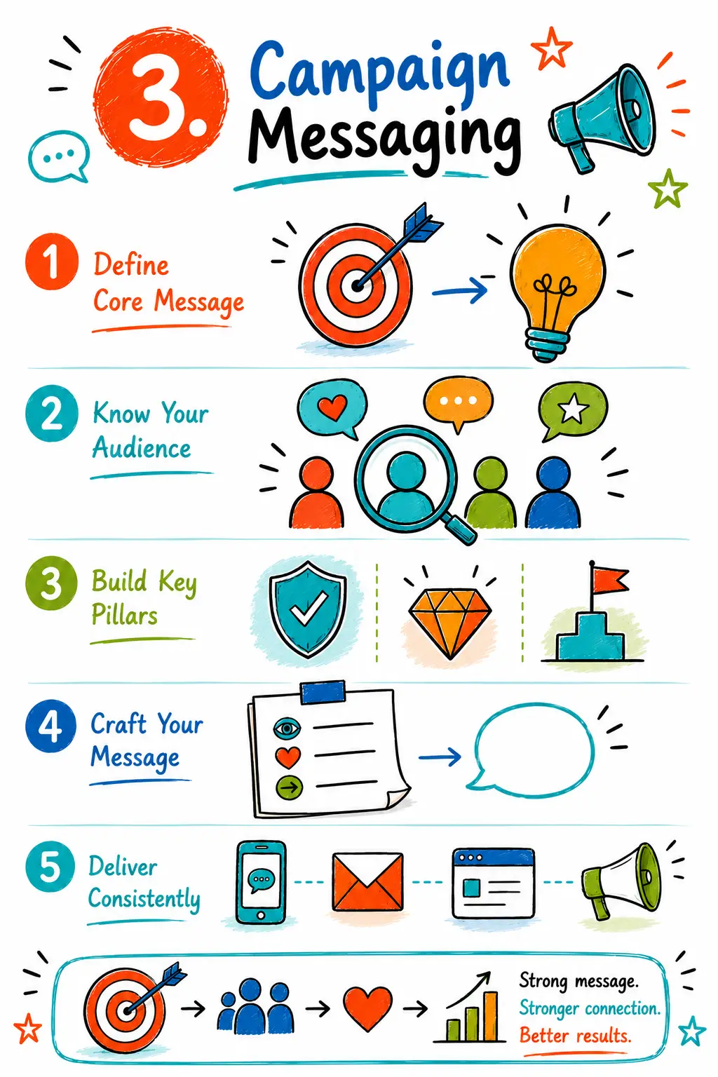 Campaign messaging Doodle infographic for campaign messaging, showing five steps with icons for core message, audience, message pillars, copywriting and delivery channels.