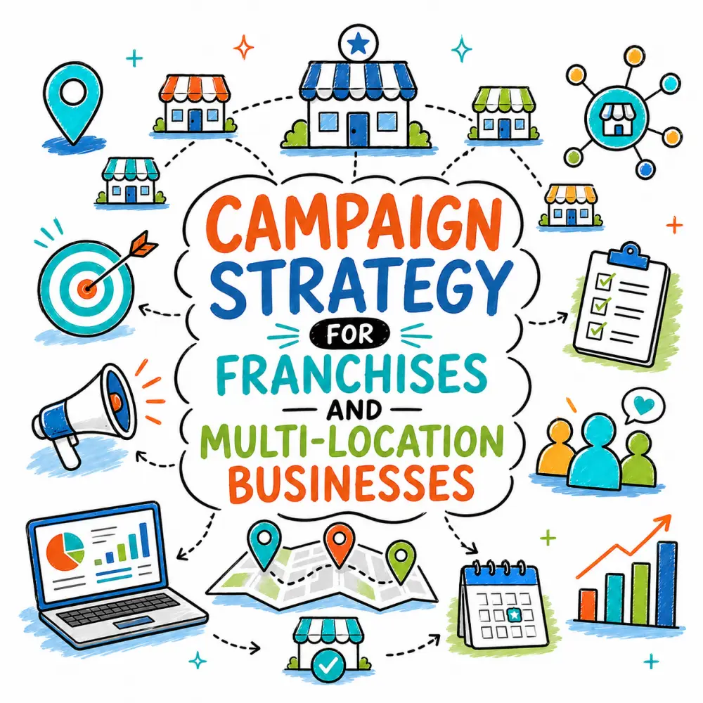 Campaign strategy for franchises and businesses Campaign strategy for franchises and multi-location businesses doodle illustration with branch icons, location pins, marketing tools, analytics and growth graphics.
