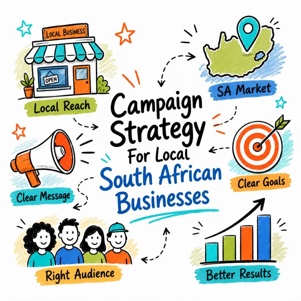 Campaign strategy for local businesses Doodle-style illustration about campaign strategy for local South African businesses, featuring a local shop, South Africa map, megaphone, target, audience and growth chart.
