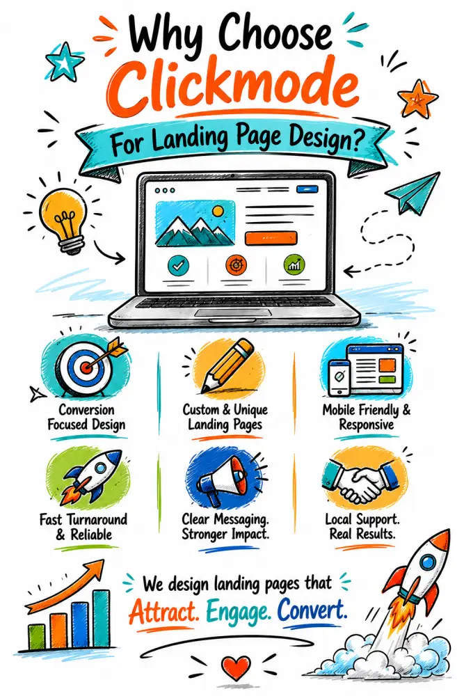Doodle infographic explaining why to choose Clickmode for landing page design, highlighting conversion-focused design, tailored pages, fast turnaround, mobile responsiveness, results-driven strategy and friendly support.