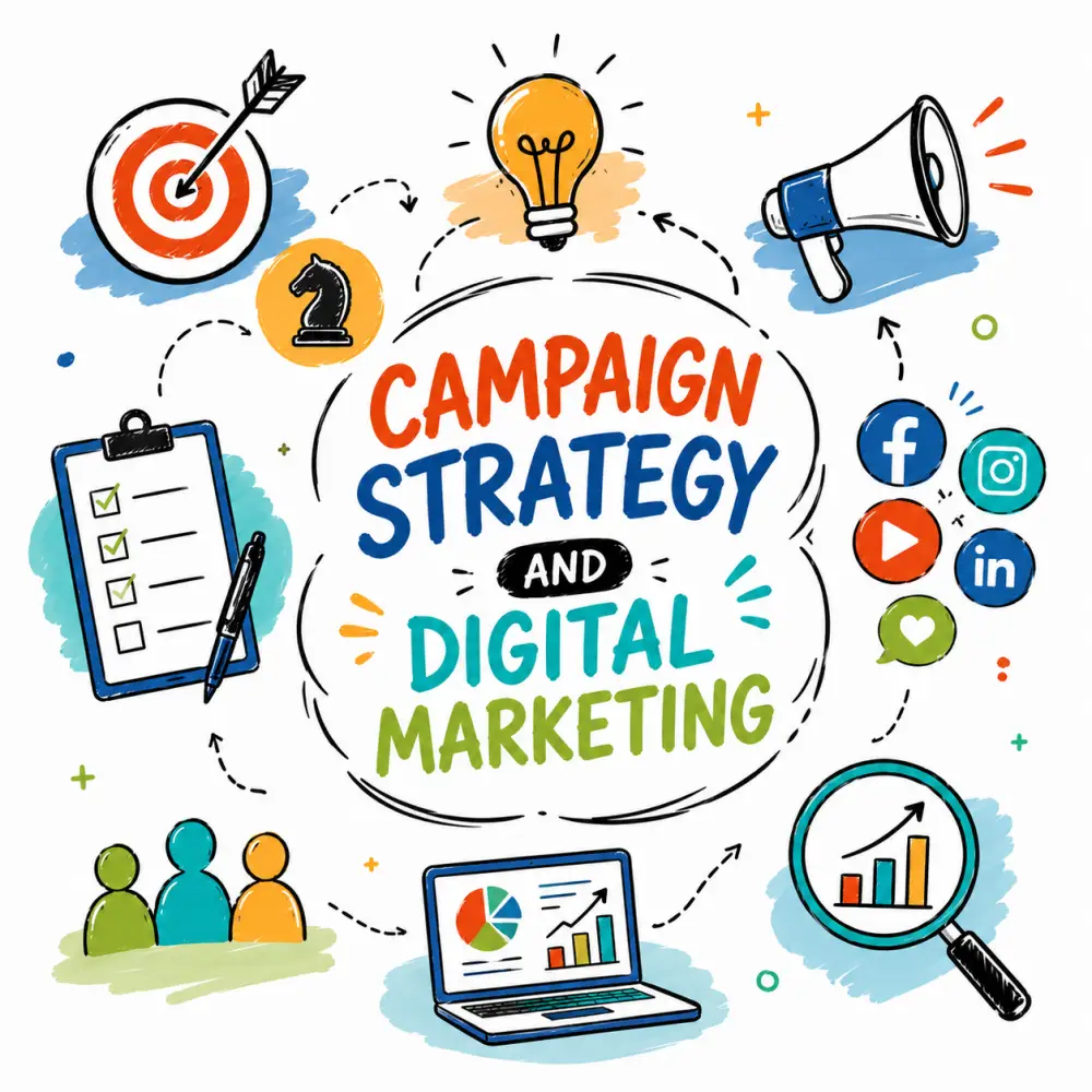 Digital marketing campaign strategy infographic Campaign strategy and digital marketing doodle illustration with icons for goals, audience, social media, analytics, planning and online growth.