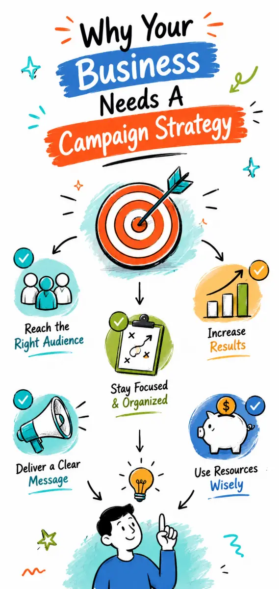 Effective campaign strategy for success Vertical doodle infographic showing why a business needs a campaign strategy, with icons for audience, messaging, focus, results and resources.