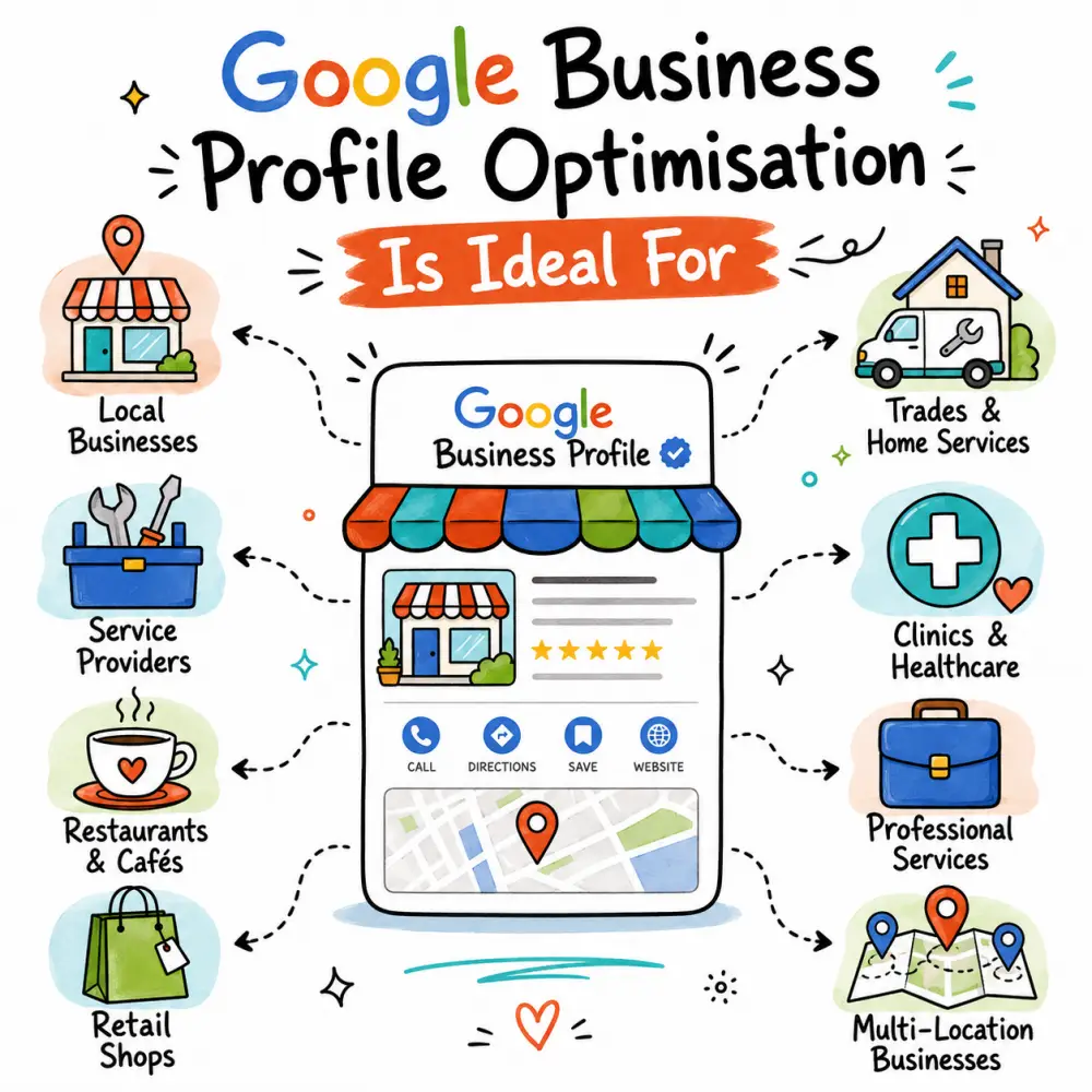 Google Business Profile Optimisation Is Ideal For Doodle-style image showing the types of businesses Google Business Profile Optimisation is ideal for, including local businesses, service providers, restaurants, retail shops, trades, clinics, professional services and multi-location businesses.