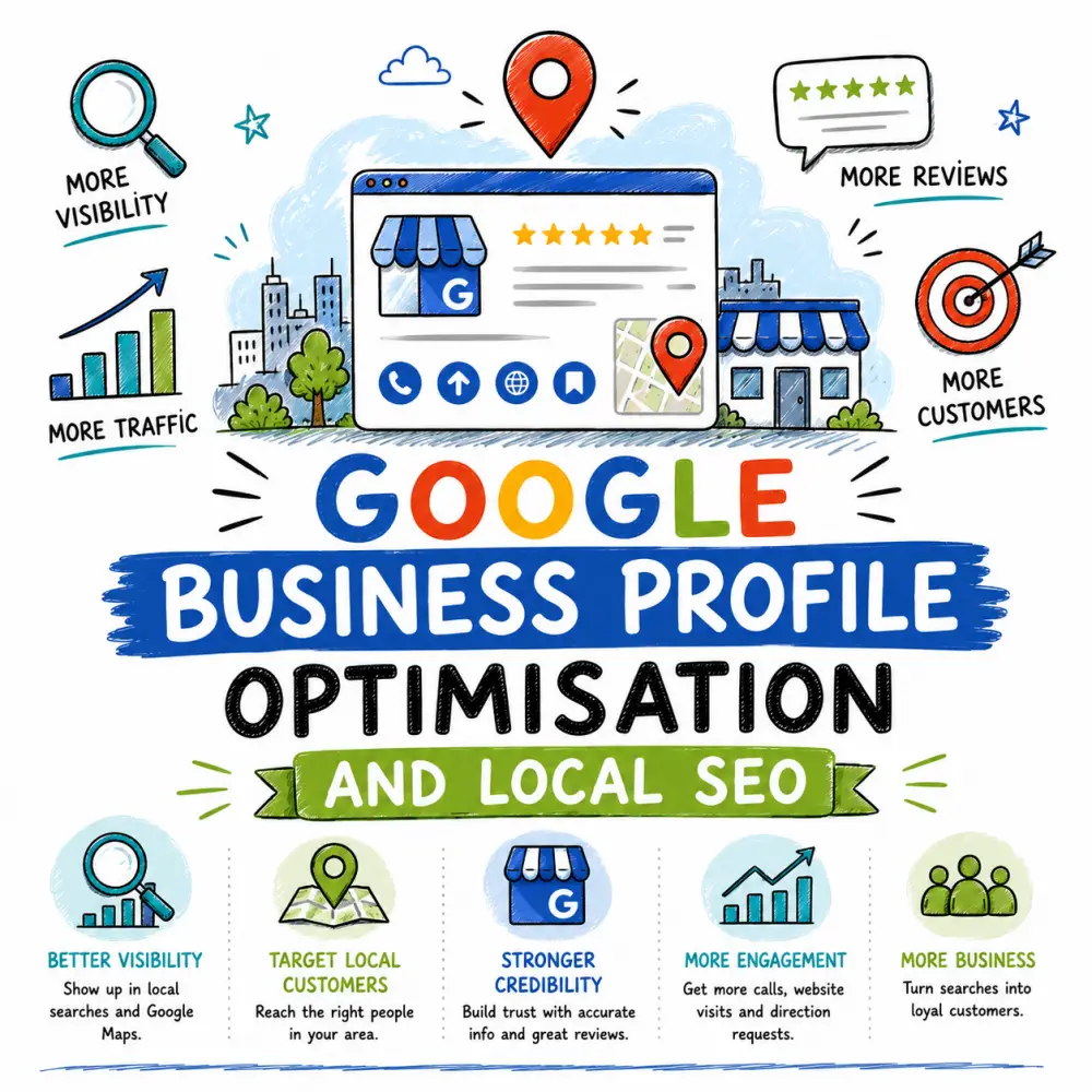 Google Business Profile Optimisation and Local SEO Doodle-style image showing Google Business Profile Optimisation and Local SEO with icons for visibility, reviews, traffic, customers, local search and business growth.