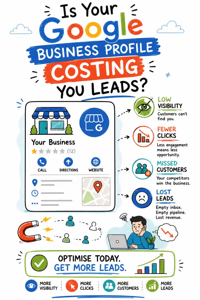 Is Your Google Business Profile Costing You Leads new oodle-style image showing a Google Business Profile costing a business leads, with low visibility, fewer clicks, missed customers and a call to optimise the profile.