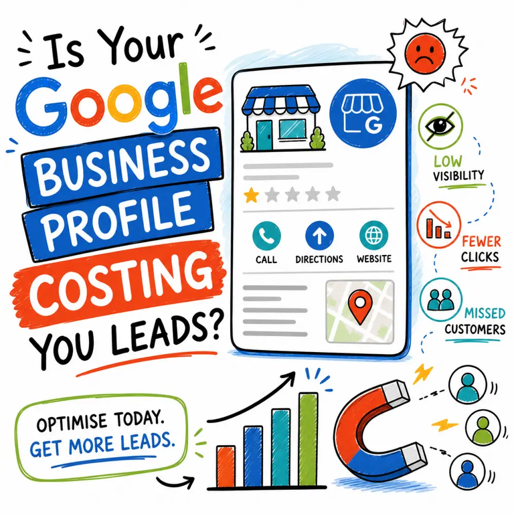 Is Your Google Business Profile Costing You Leads Doodle-style image showing a Google Business Profile costing a business leads, with low visibility, fewer clicks, missed customers and a call to optimise the profile.