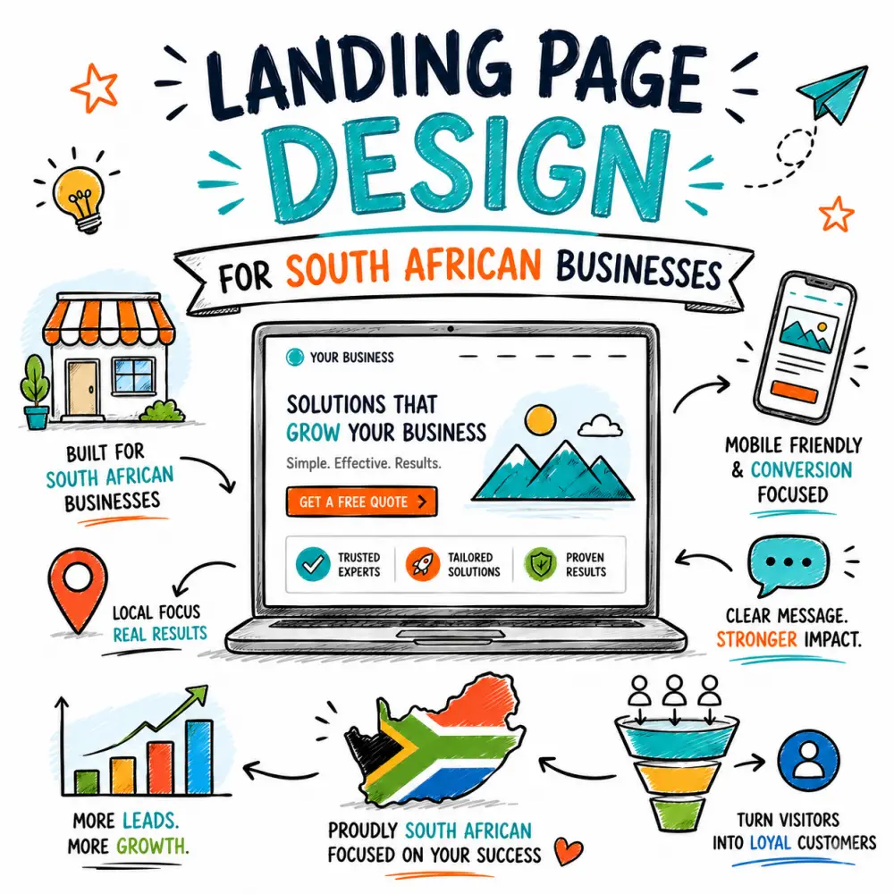 Doodle illustration showing landing page design for South African businesses, with a laptop landing page mockup, local business icons, mobile elements, lead funnel and South Africa map.