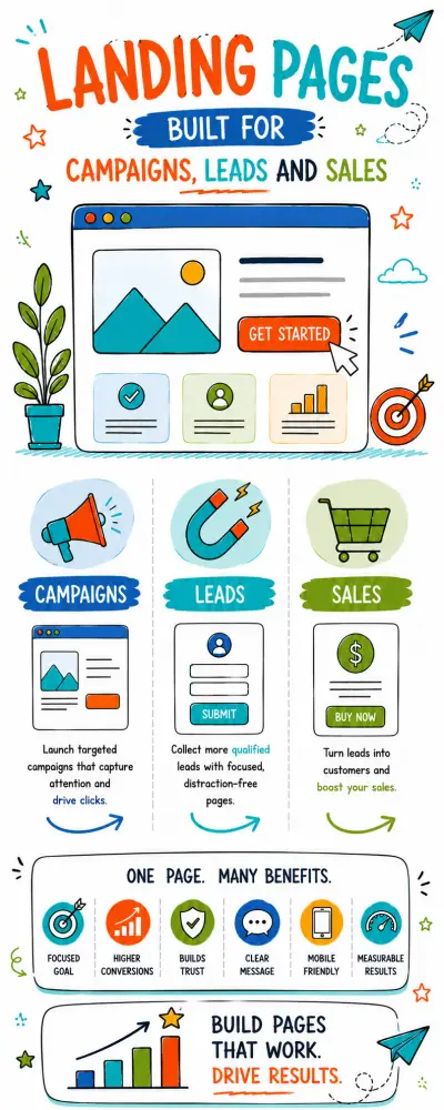 Doodle infographic showing landing pages built for campaigns, leads and sales, with website mockup, campaign, lead capture and sales icons.