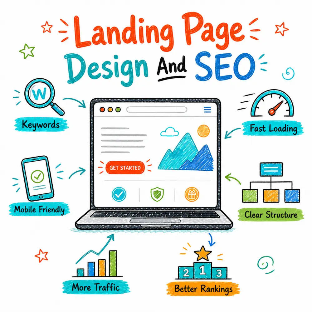 Doodle illustration showing landing page design and SEO, with icons for keywords, mobile friendly design, fast loading, clear structure, more traffic and better rankings.