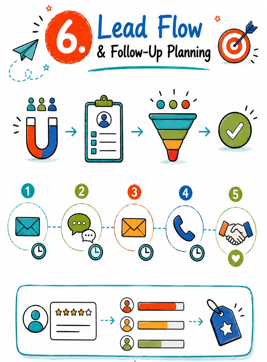 Lead flow and follow-up infographic Vertical doodle infographic about lead flow and follow-up planning, showing lead capture, scoring, follow-up steps, reminders and tracking icons.