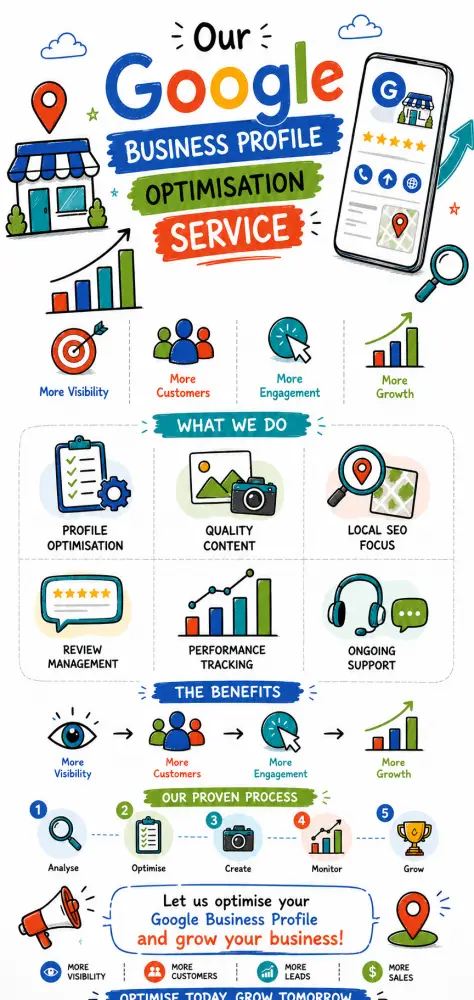 Our Google Business Profile Optimisation Service Doodle-style infographic for Google Business Profile Optimisation Service showing profile optimisation, quality content, local SEO, reviews, performance tracking and business growth.