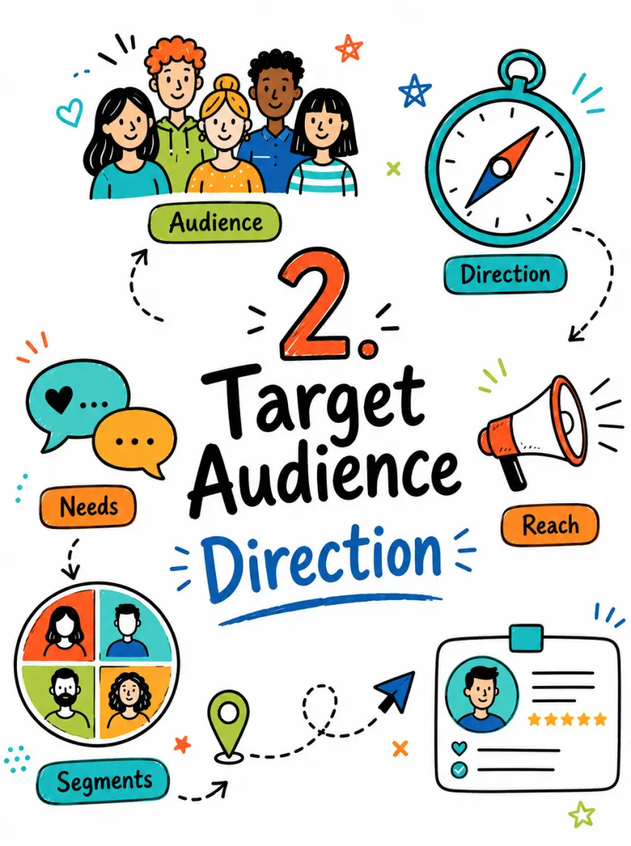 Target audience direction infographic Vertical doodle infographic about target audience direction, featuring audience groups, needs, segments, reach, compass and customer profile icons.