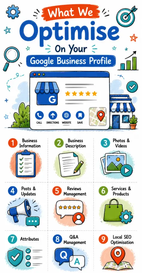 We Optimise On Your Google Business Profile Doodle-style infographic showing what is optimised on a Google Business Profile, including business information, description, photos, posts, reviews, services, attributes, Q&A and local SEO.