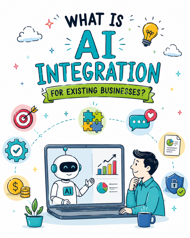 Doodle-style illustration showing AI integration for existing businesses with a robot on a laptop, business icons, charts, and a person reviewing AI-powered insights.